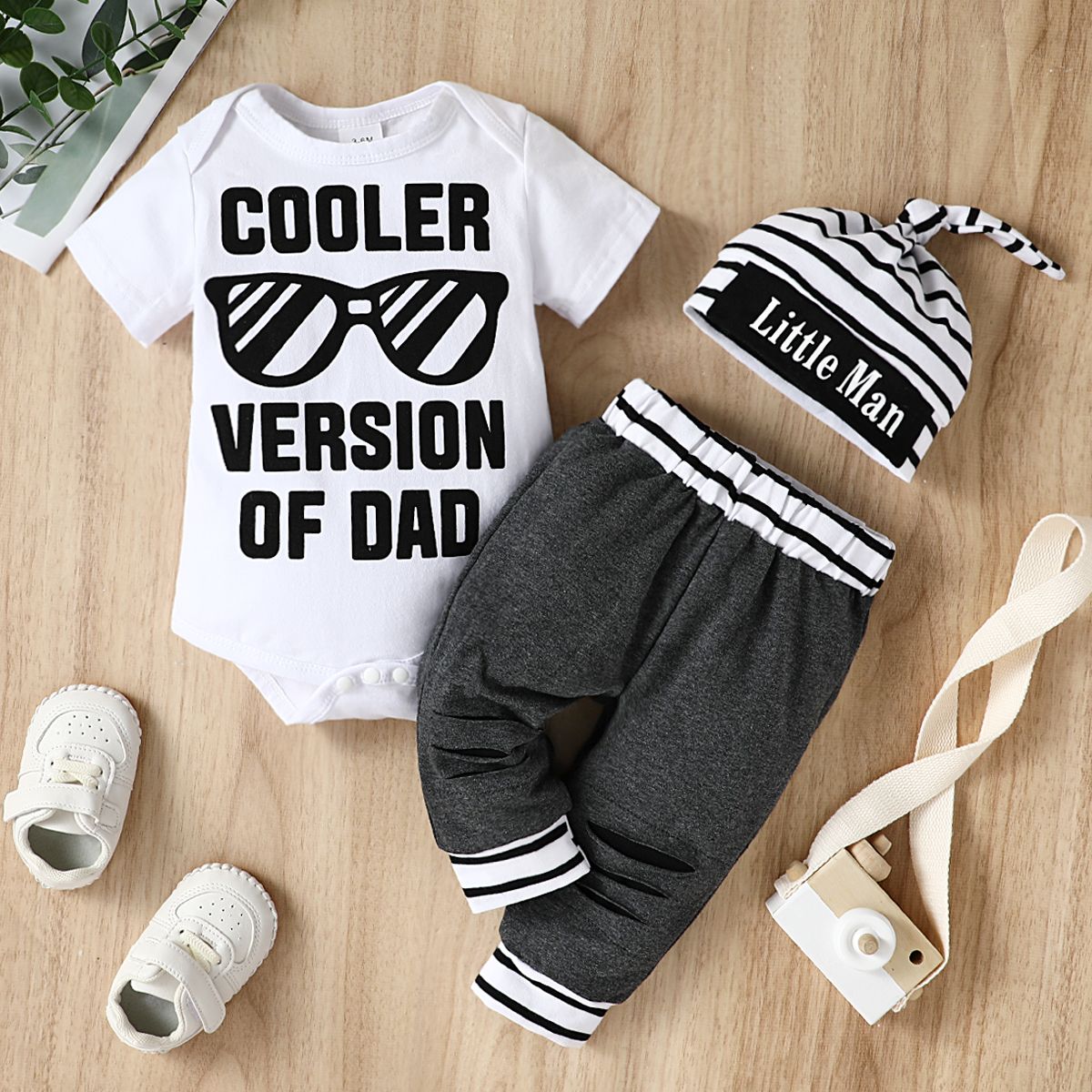 

3pcs Baby Boy 95% Cotton Letter Print Romper & Striped Pants & Beanie Hat