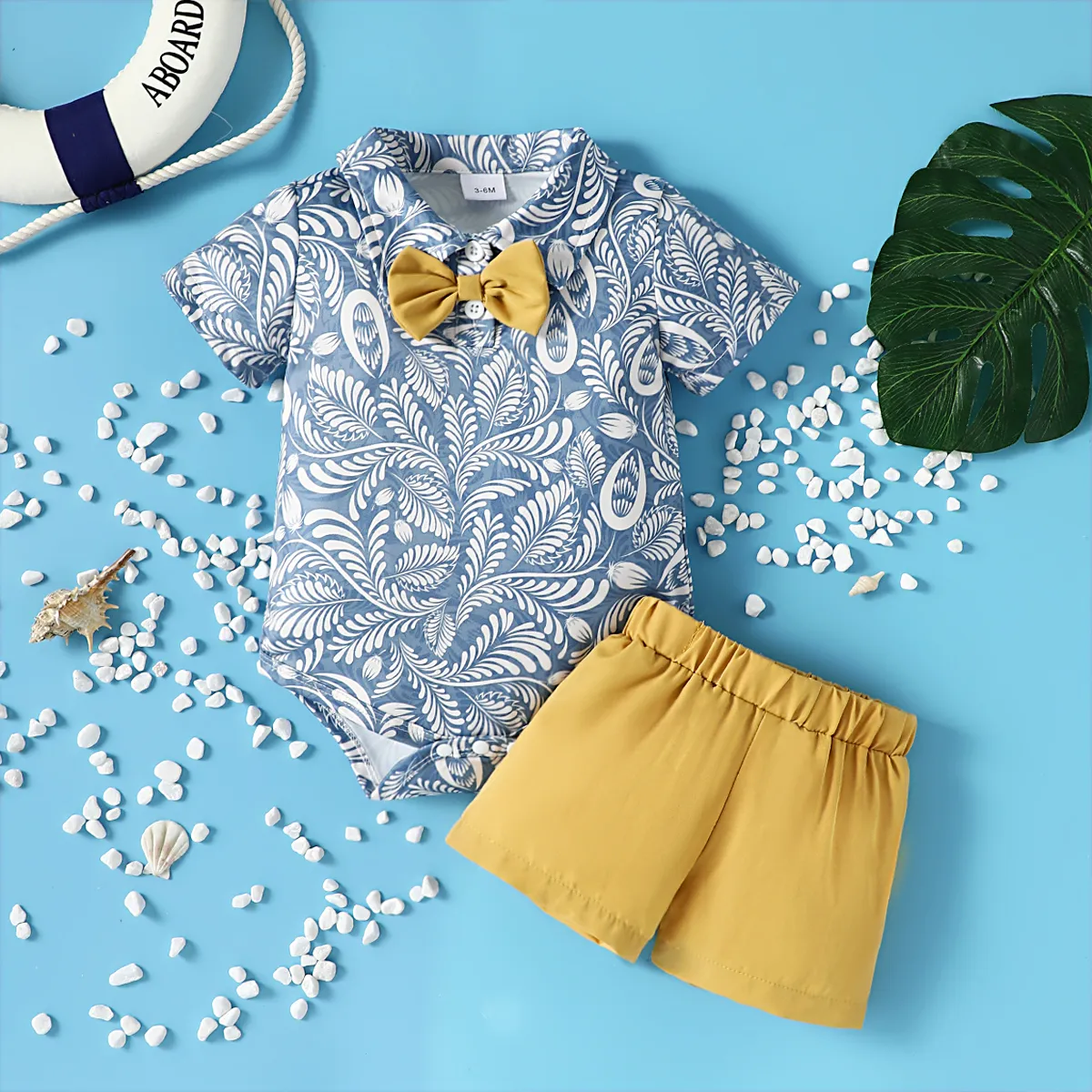 2pcs Baby Boy Plant Print Short-sleeve Bow Tie Bodysuit and Solid Shorts Set Yellow big image 1