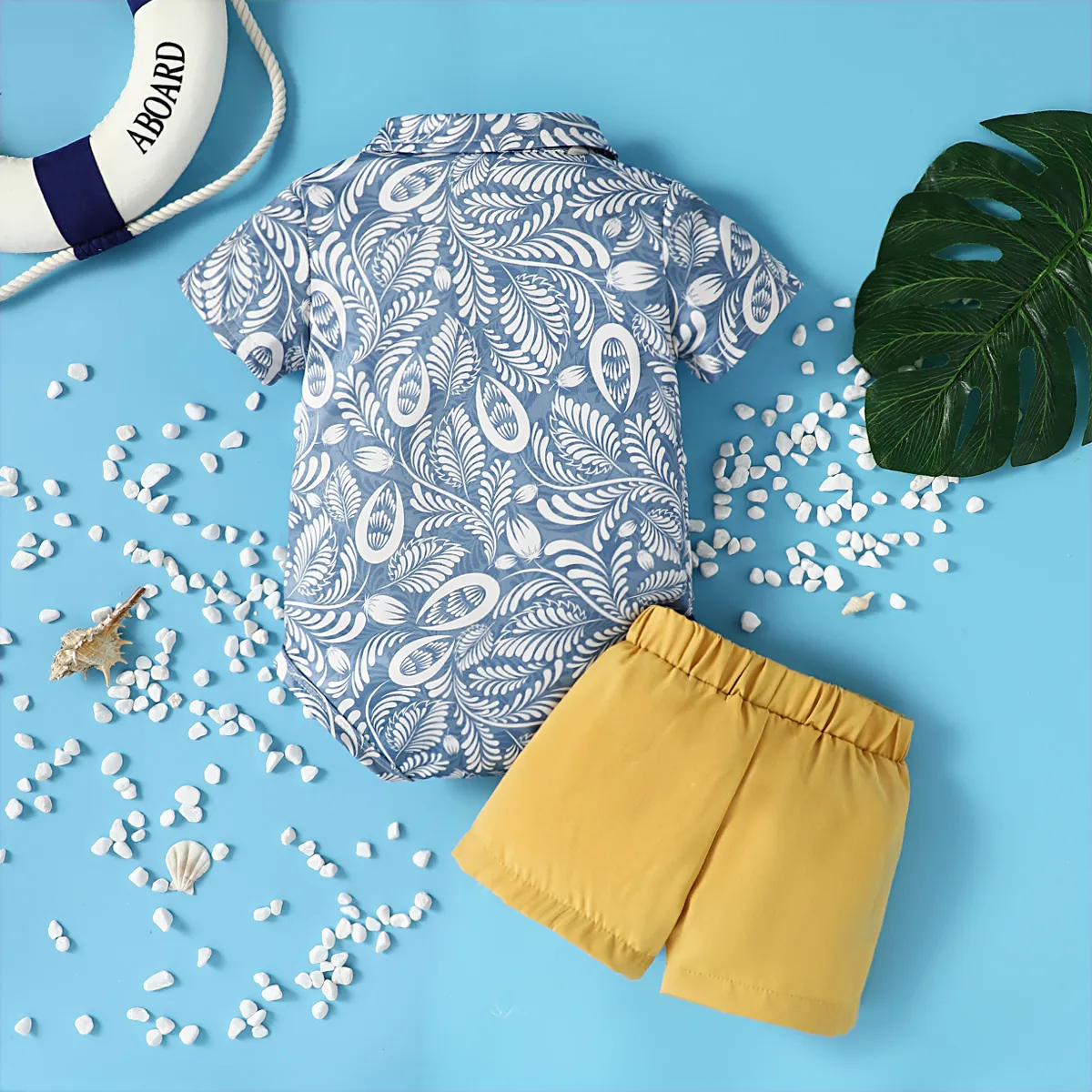2pcs Baby Boy Plant Print Short-sleeve Bow Tie Bodysuit and Solid Shorts Set Yellow image 2
