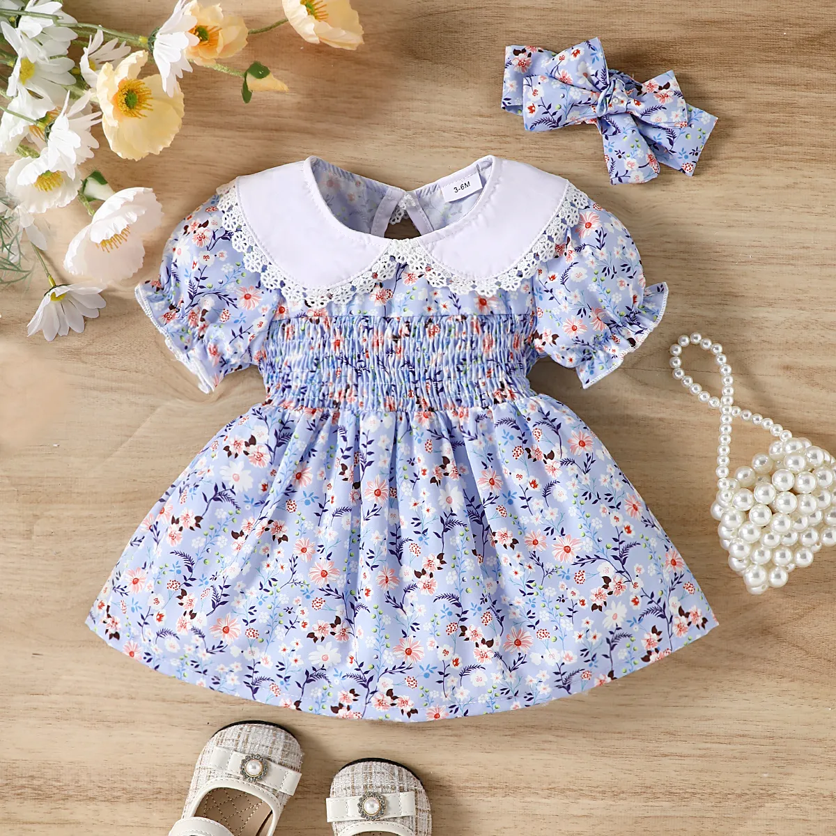 Baby Girl Floral Print Doll Collar Short-sleeve Smocked Dress Blue big image 1