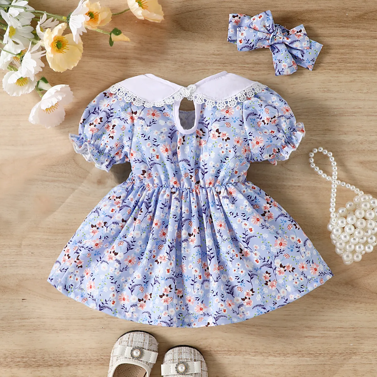 Baby Girl Floral Print Doll Collar Short-sleeve Smocked Dress Blue image 2