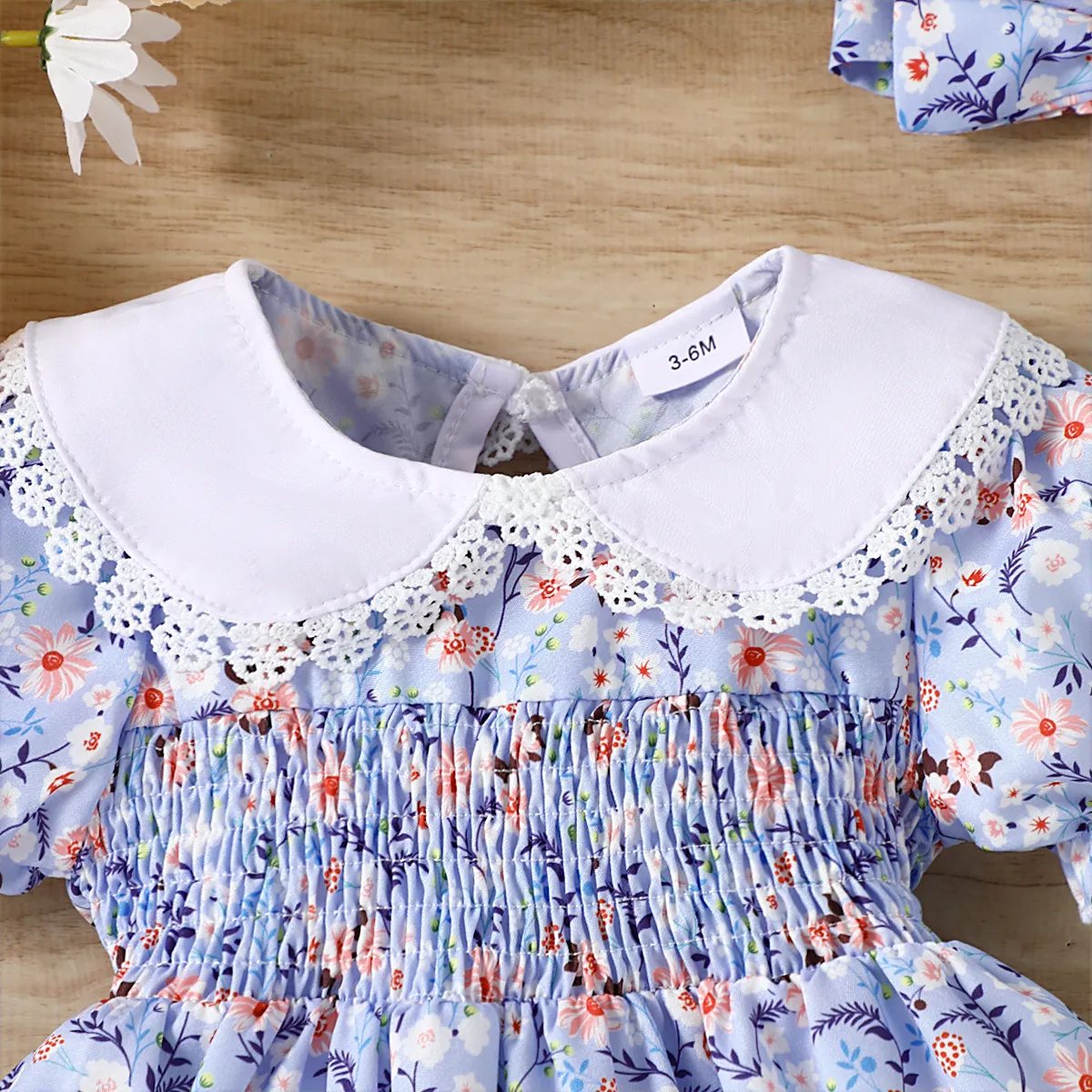 Baby Girl Floral Print Doll Collar Short-sleeve Smocked Dress Blue image 3