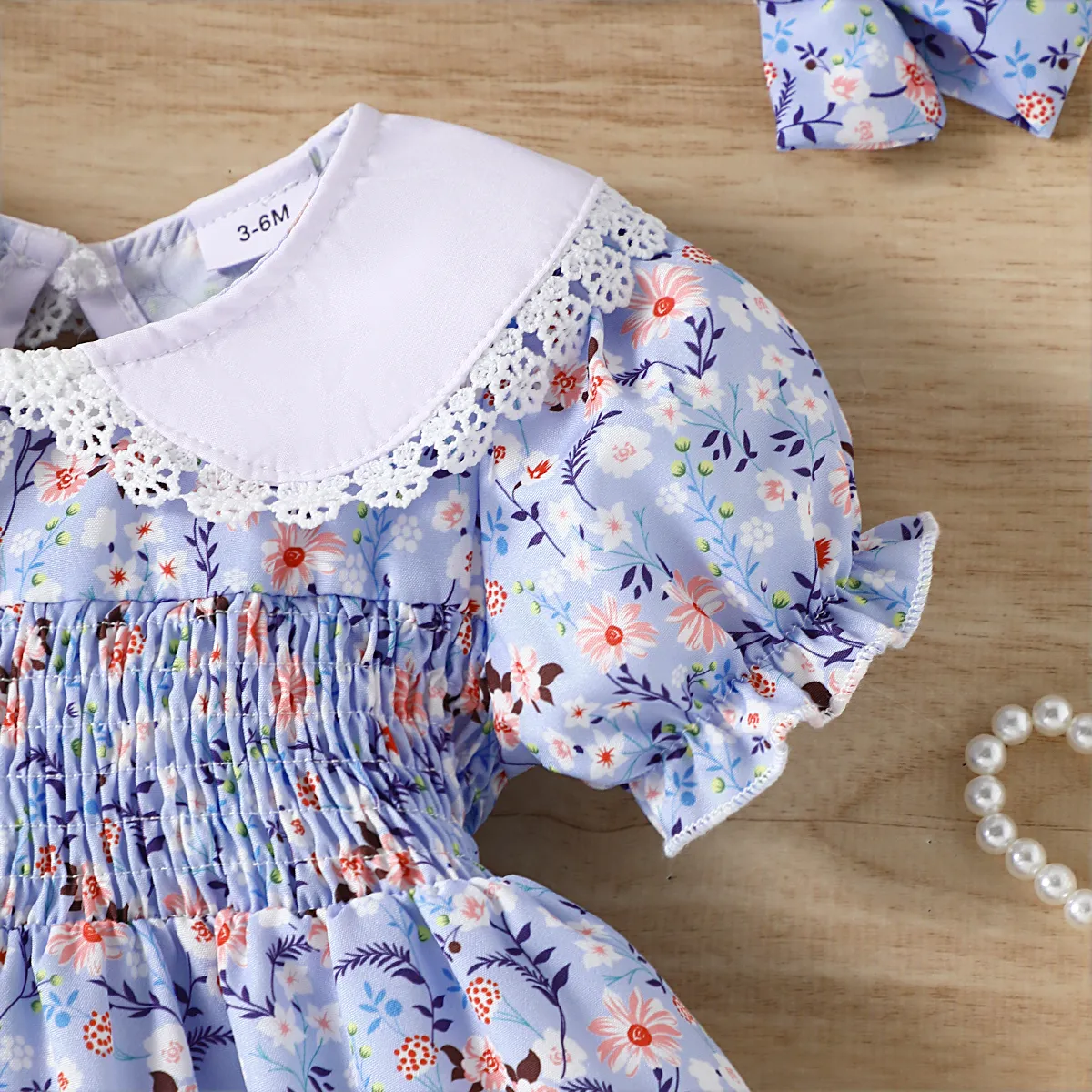 Baby Girl Floral Print Doll Collar Short-sleeve Smocked Dress Blue image 4