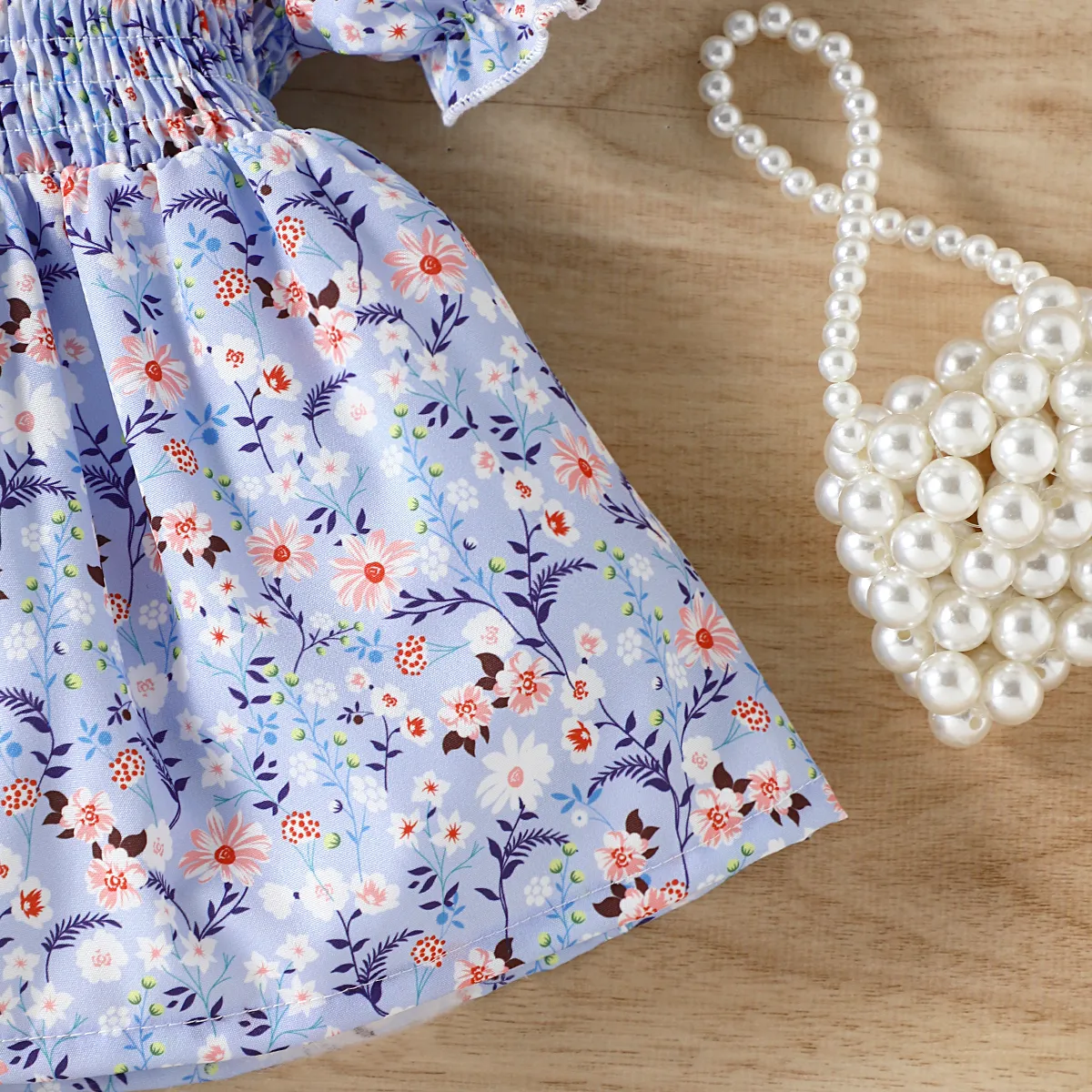 Baby Girl Floral Print Doll Collar Short-sleeve Smocked Dress Blue image 5