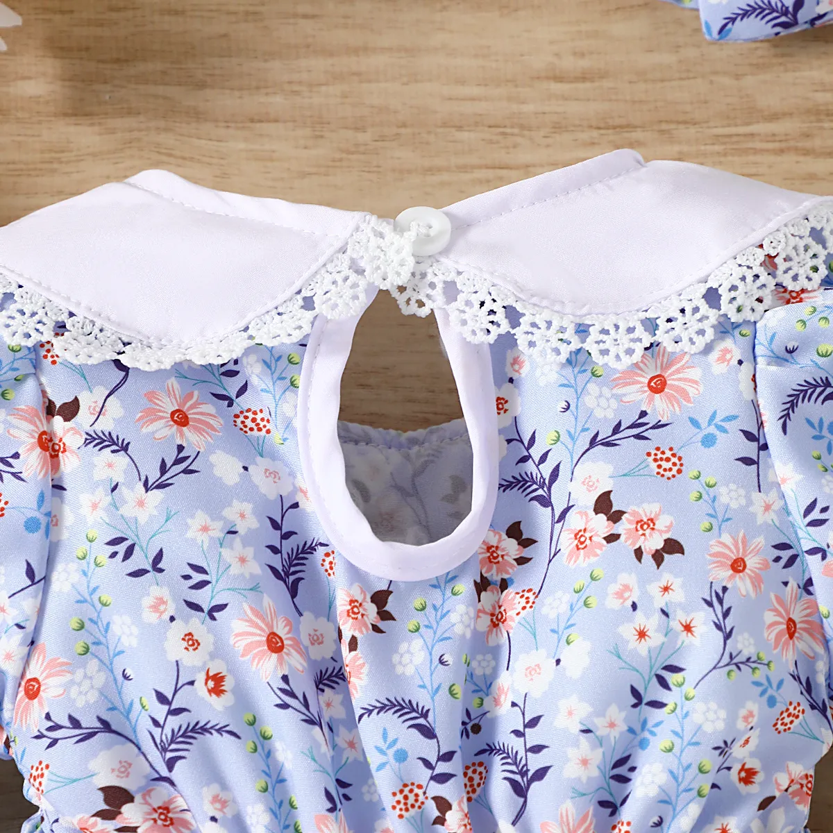 Baby Girl Floral Print Doll Collar Short-sleeve Smocked Dress Blue image 6