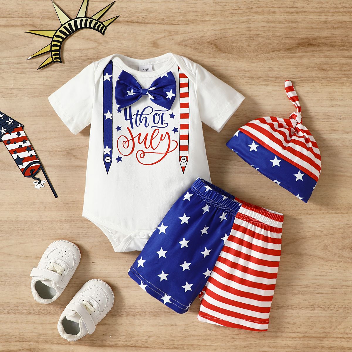 

Independence Day 3pcs Baby Boy 95% Cotton Bow Decor Bodysuit and Shorts and Hat Set