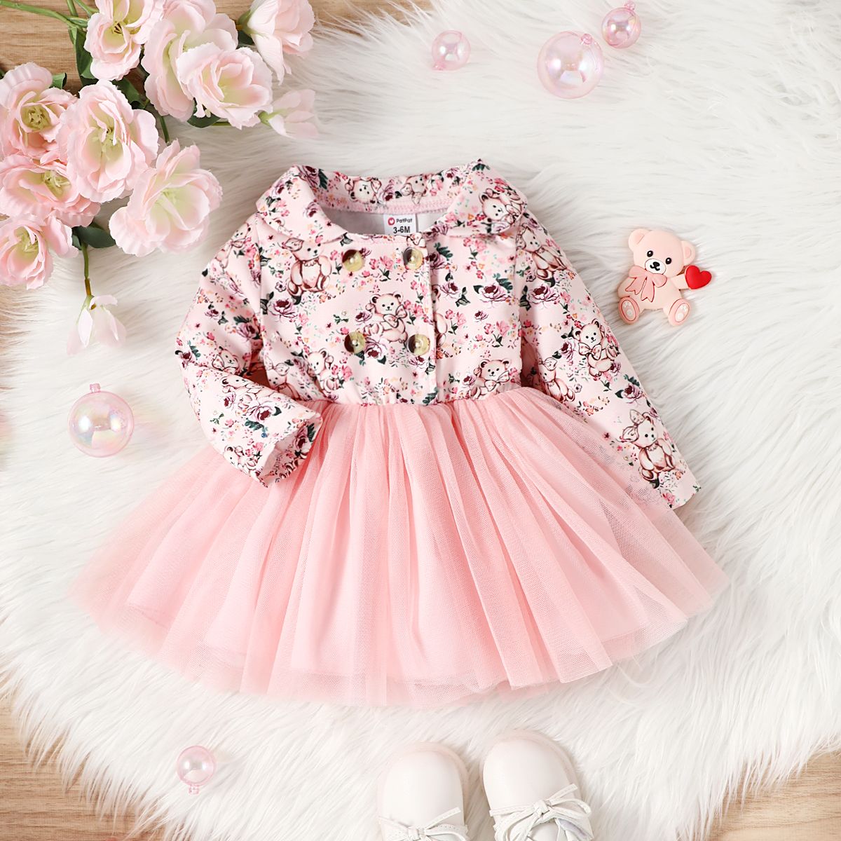 

Baby Girl Buttons Front Floral & Bear Print Mesh Doll Collar Long-sleeve Dress