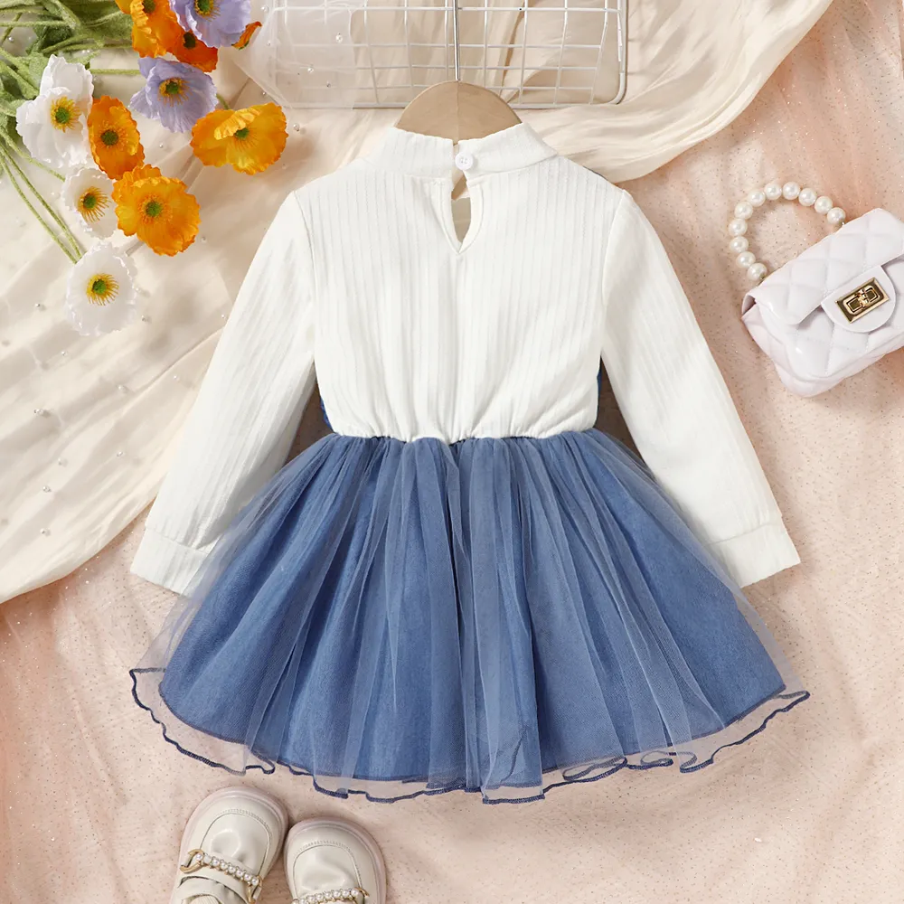 Baby Girl Bow Front Long-sleeve 2 In 1 Mesh Dress big image 2