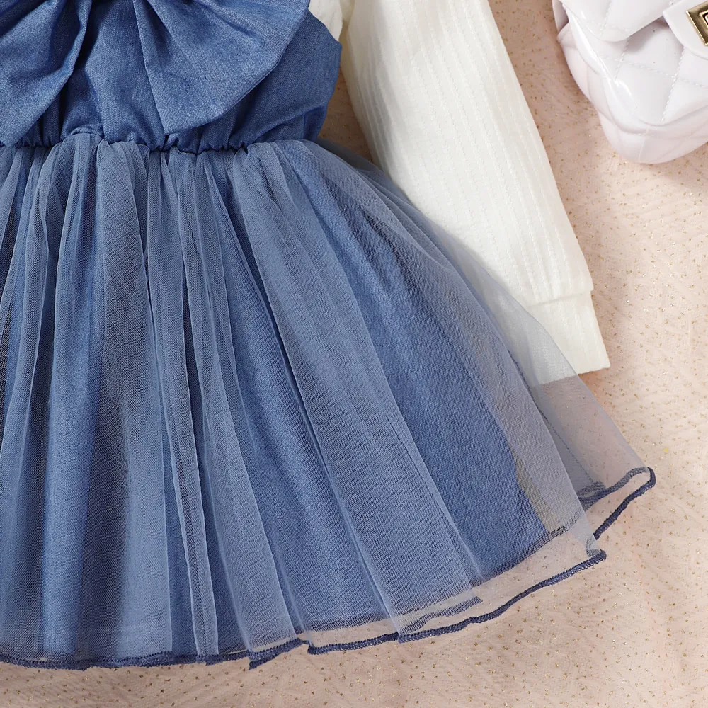 Baby Girl Bow Front Long-sleeve 2 In 1 Mesh Dress big image 5