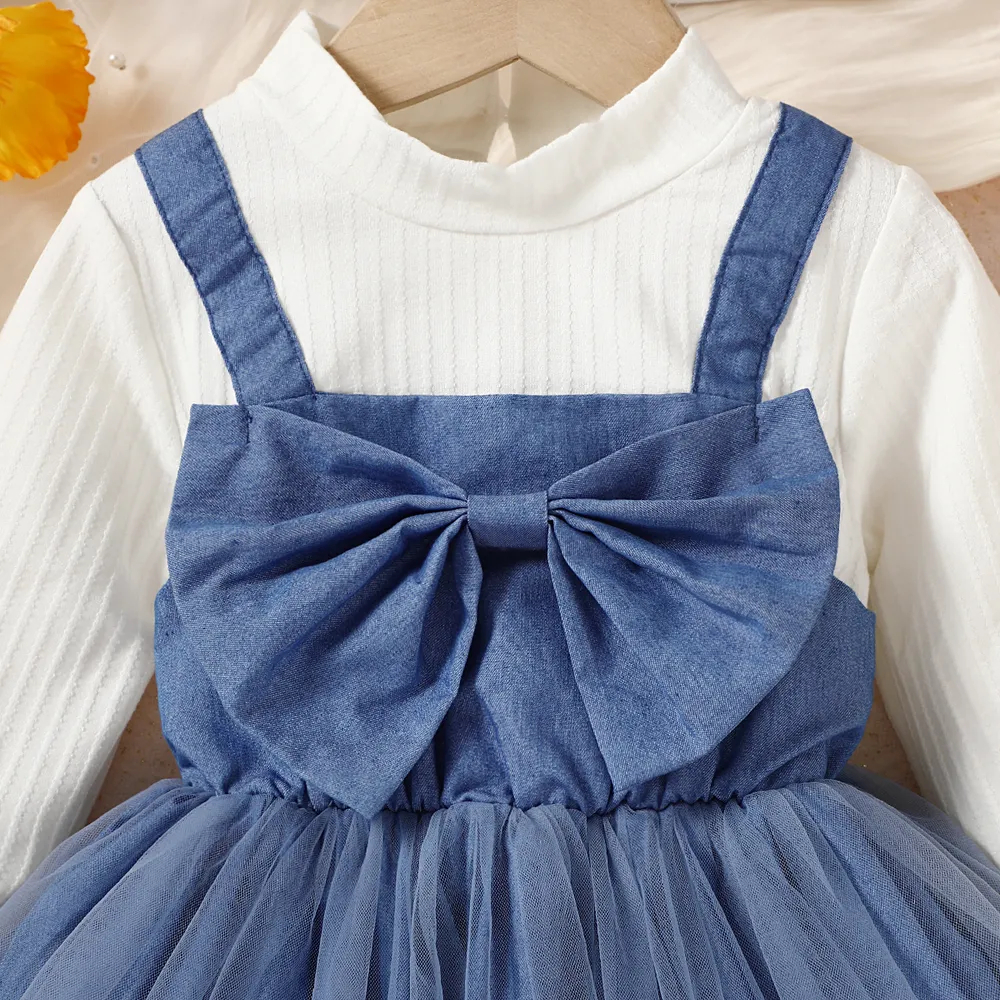 Baby Girl Bow Front Long-sleeve 2 In 1 Mesh Dress big image 3