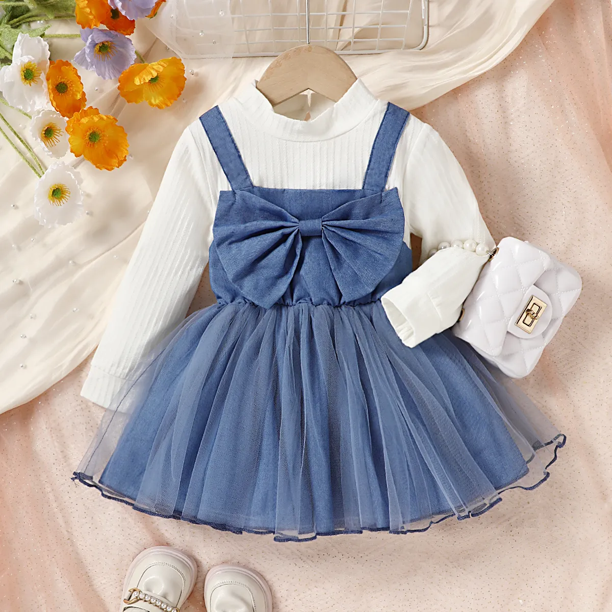 Baby Girl Bow Front Long-sleeve 2 In 1 Mesh Dress   big image 1