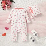 2pcs Baby Girl Allover Heart Print Long-sleeve Jumpsuit and Hat Set  image 2