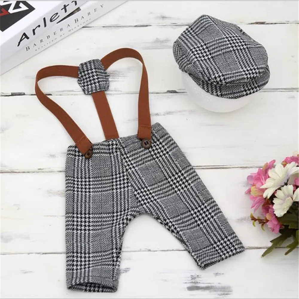 Baby Photography Props Cap Hat and Overalls Set Grey big image 1