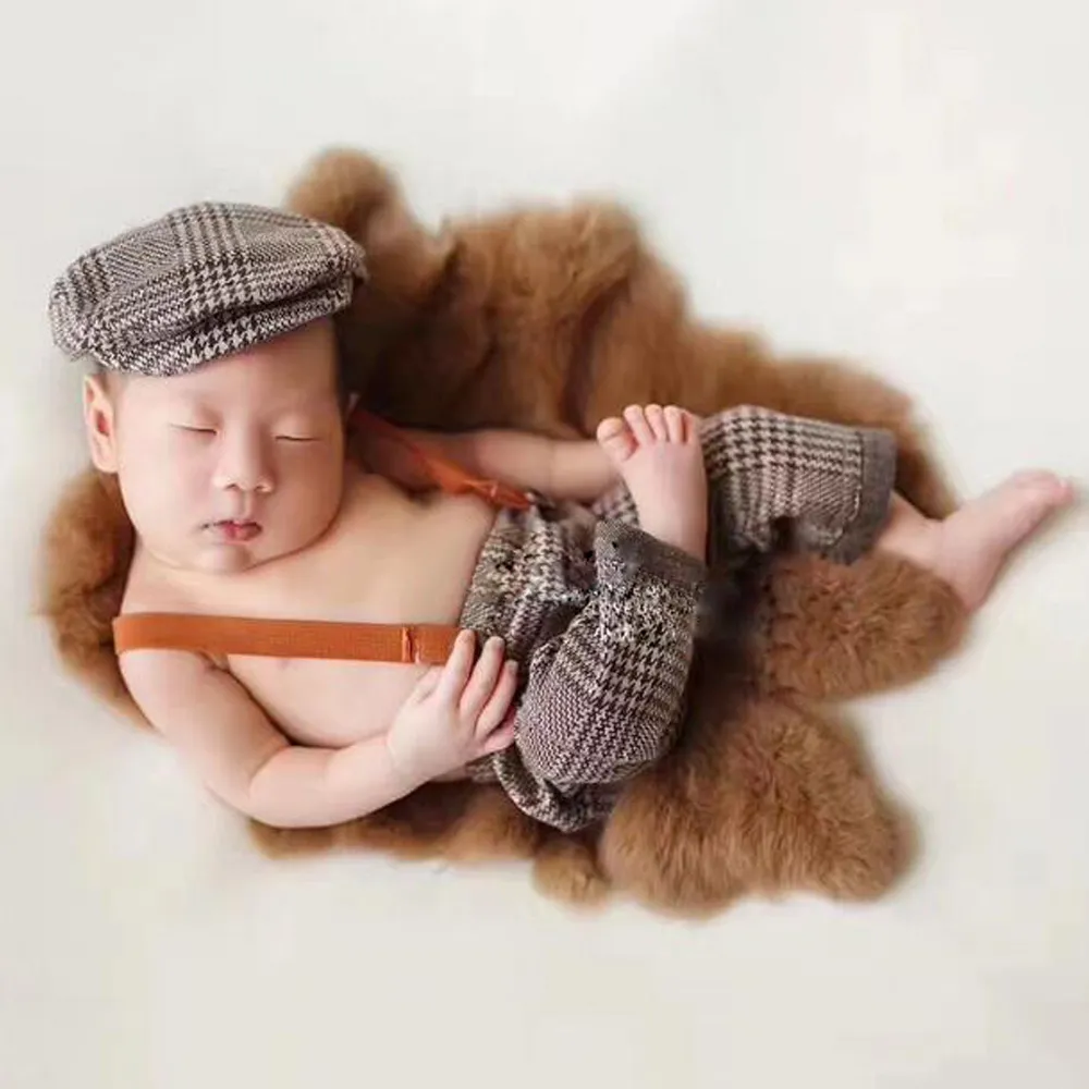 Baby Photography Props Cap Hat and Overalls Set Grey image 2