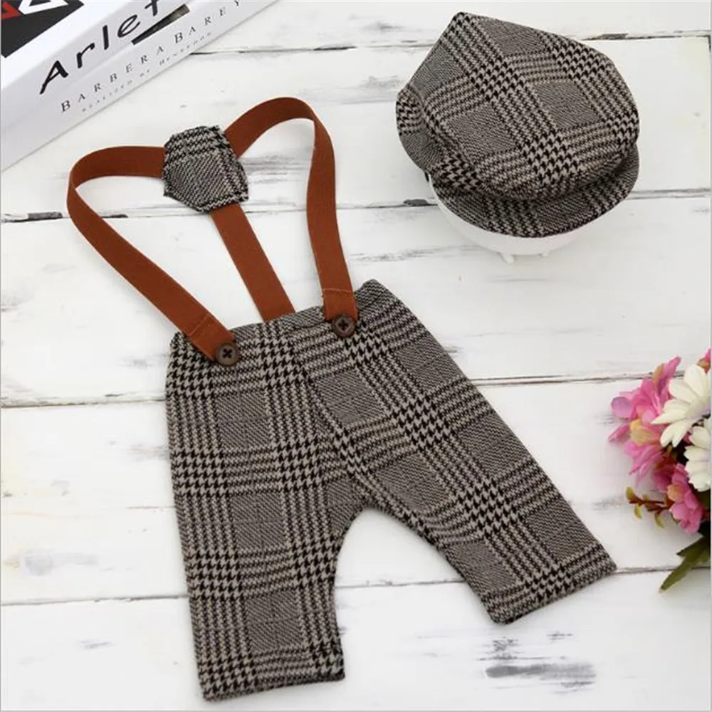 Baby Photography Props Cap Hat and Overalls Set Brown