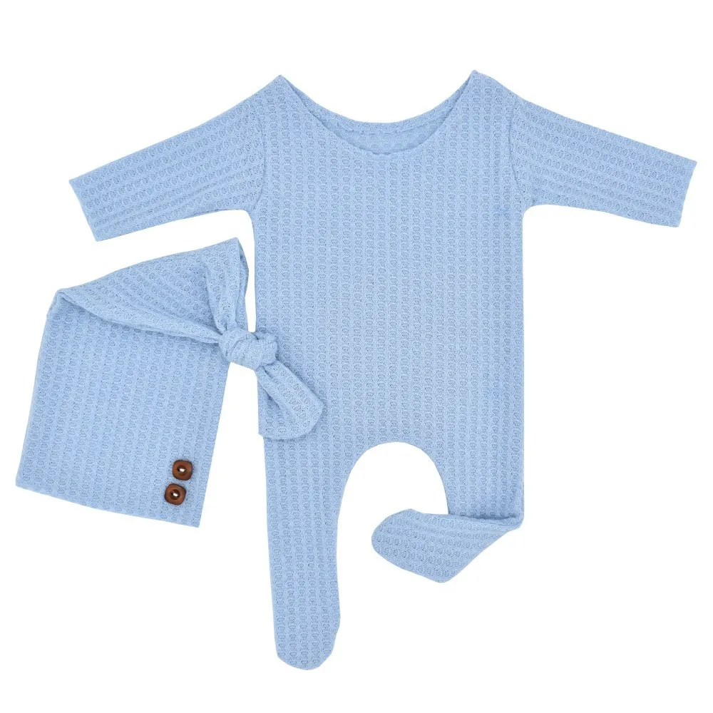 2PCS Baby Knitting Newborn Photography Props Crochet Baby Hats Light Blue big image 1