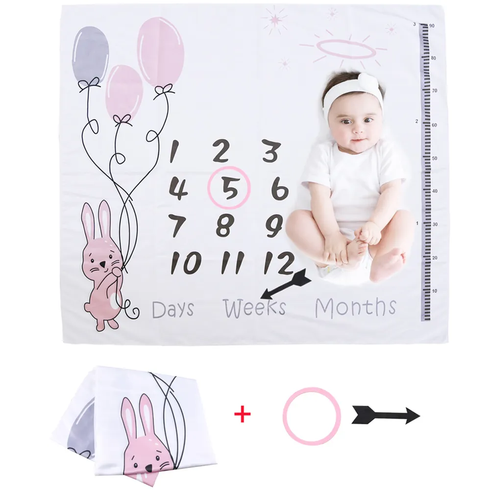 لطيف بالون أرنب طفل بطانية شهرية المولود الجديد نمو شهري معلما خلفية بطانية بطانية صور الدعائم نمو الرضع بطانية تذكارية  big image 1