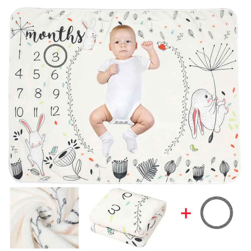 Newborn baby Monthly Growth Milestone Background Blanket Photo Props Infant Growth Memorial Flannel Blanket Beige big image 1
