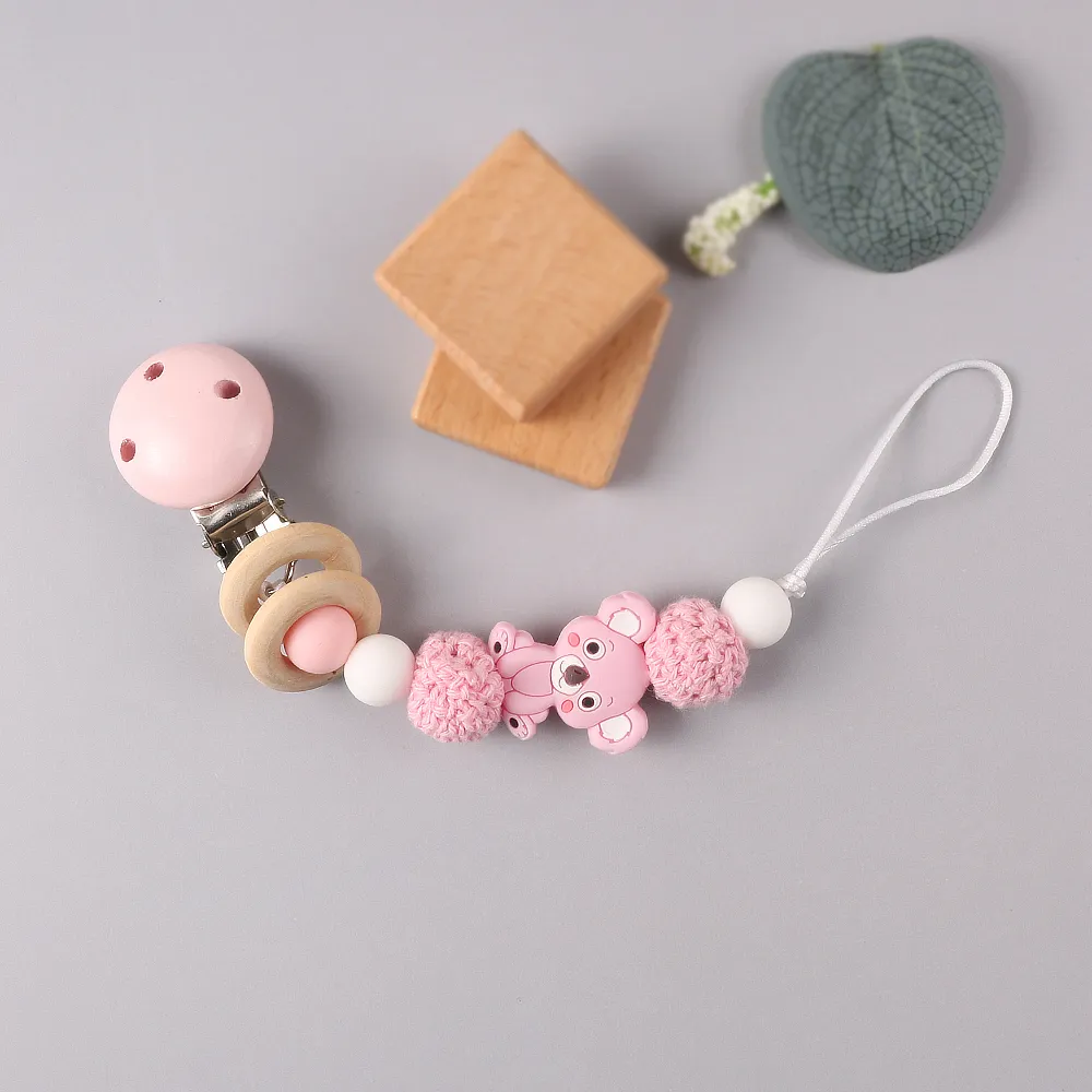 Silicone Teether Wood Beads Set DIY Baby Teething Necklace Toy Cartoon Koala Pacifier chain Clip