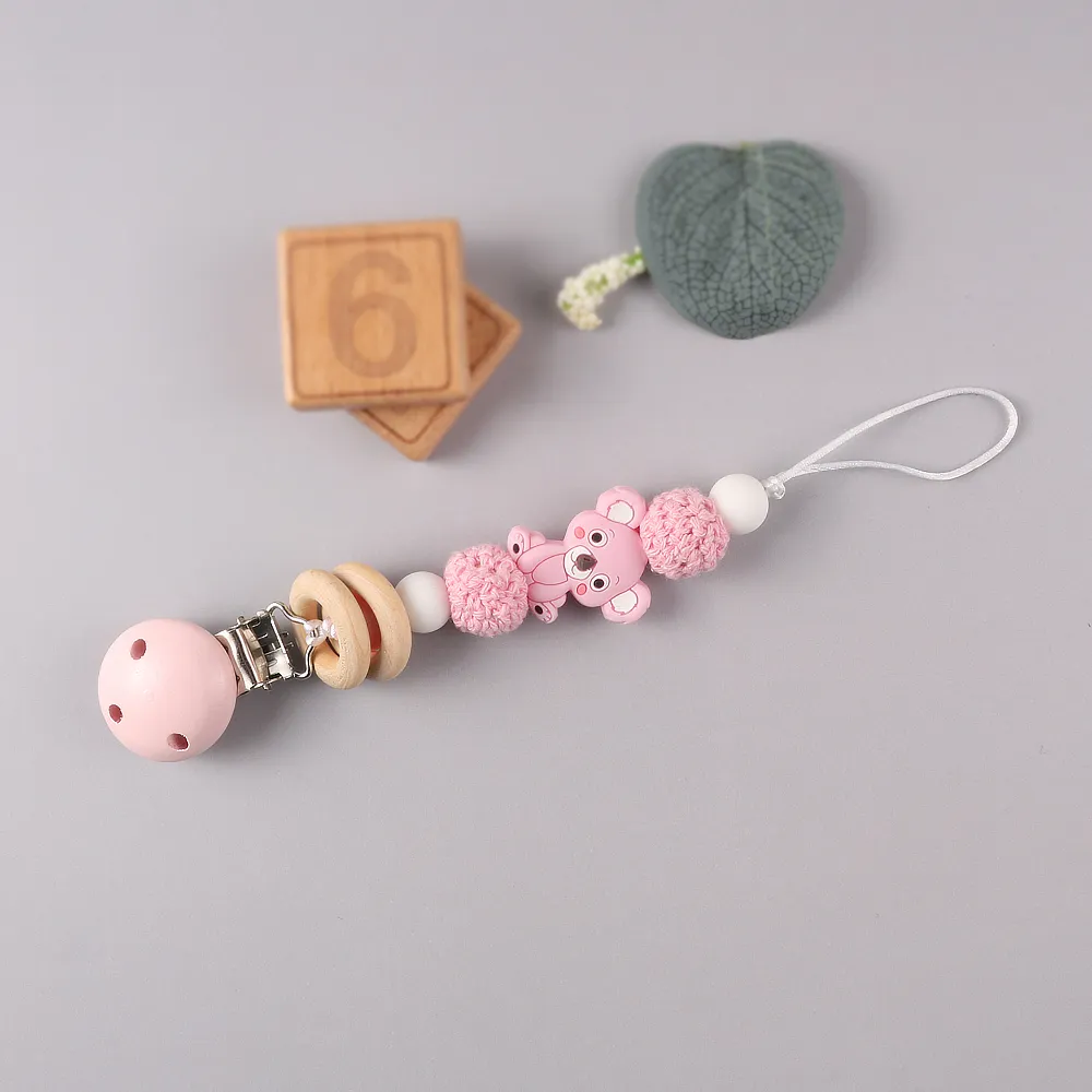 Silikon Beißring Holzperlen DIY Baby Zahnen Halskette Spielzeug Cartoon Koala Schnullerkette Clip Set Hell rosa big image 1