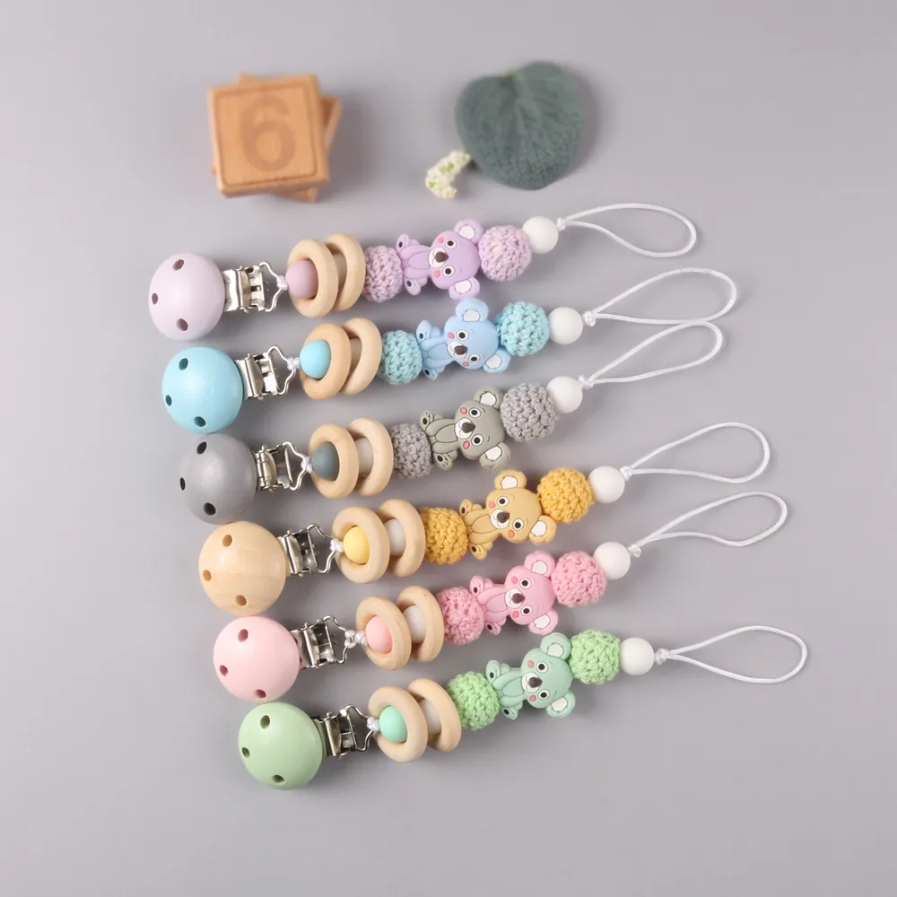 Silicone Teether Wood Beads Set DIY Baby Teething Necklace Toy Cartoon Koala Pacifier chain Clip Light Pink big image 1
