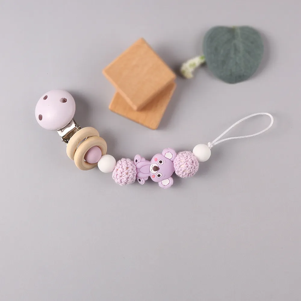 Silicone Teether Wood Beads Set DIY Baby Teething Necklace Toy Cartoon Koala Pacifier chain Clip Light Purple