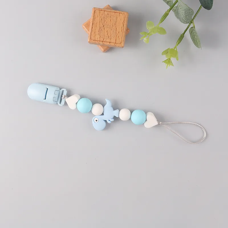 dinossauro desenho animado chupeta contas de silicone contas de alívio dentição mordedor brinquedos ou calmante, conjunto de presente de bebê Azul Claro