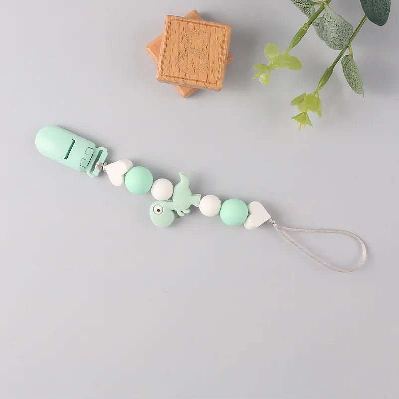 dinossauro desenho animado chupeta contas de silicone contas de alívio dentição mordedor brinquedos ou calmante, conjunto de presente de bebê Menta Verde