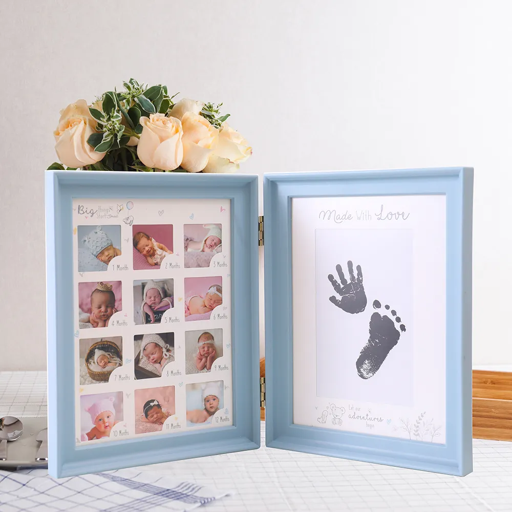 Baby Hand Inkpad Watermark Wood Photo Frame Souvenir Light Blue big image 1