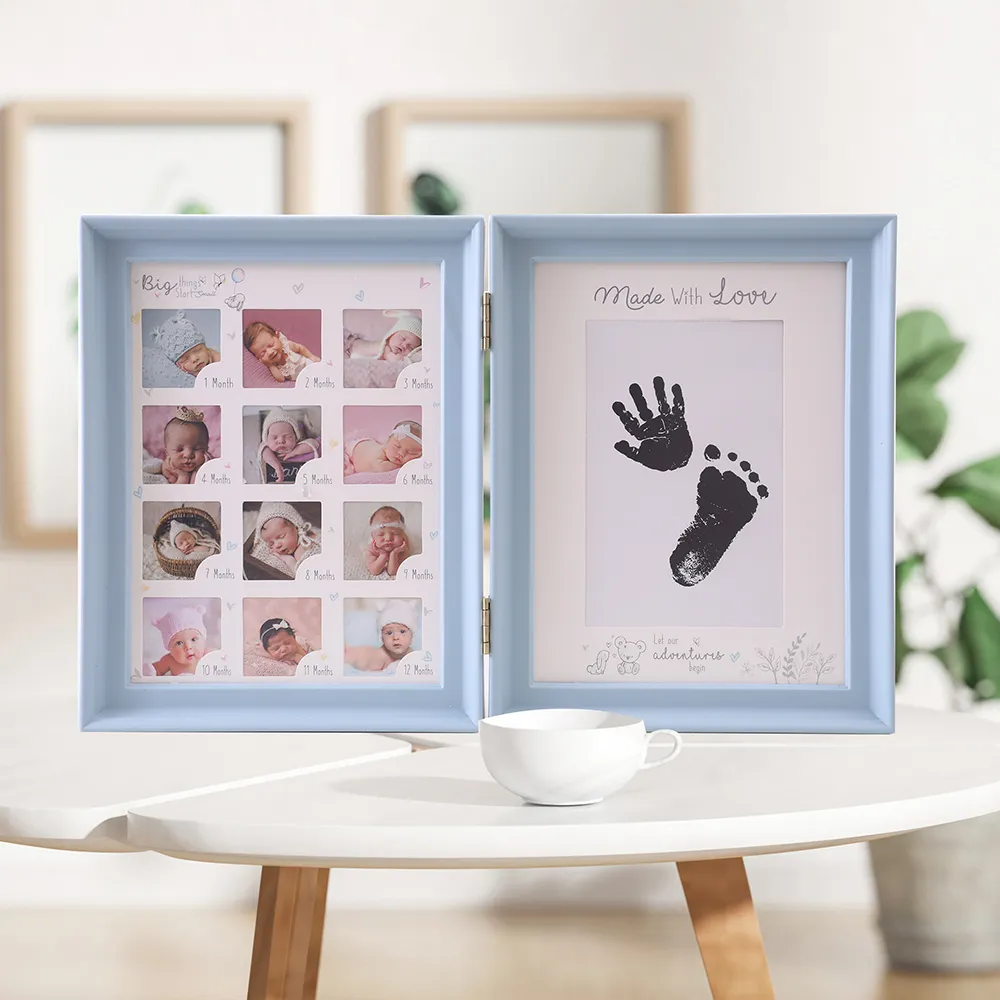Newborn Baby Handprint and Footprint Ink Pad with Picture Frame and Display Stand  Light Blue