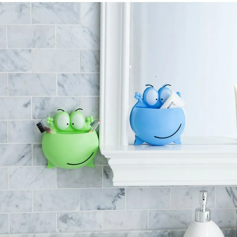 Wall Sucker Cute Cartoon Frog Plastic Toothbrush Rack Holder Bathroom Organizer Blue big image 1