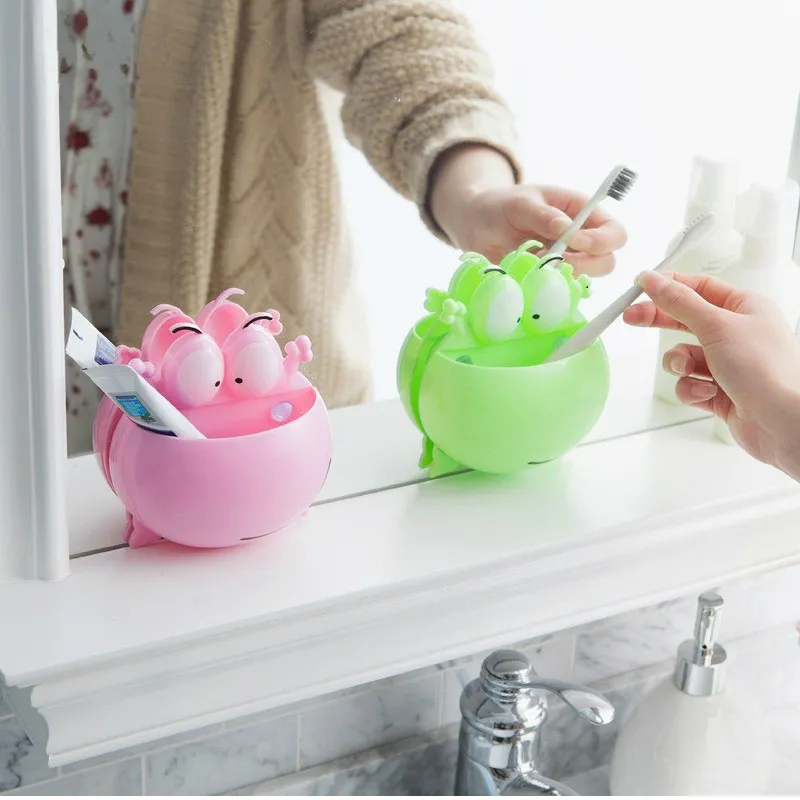 牆壁吸盤可愛卡通青蛙塑料牙刷架架浴室收納架 粉色 big image 1