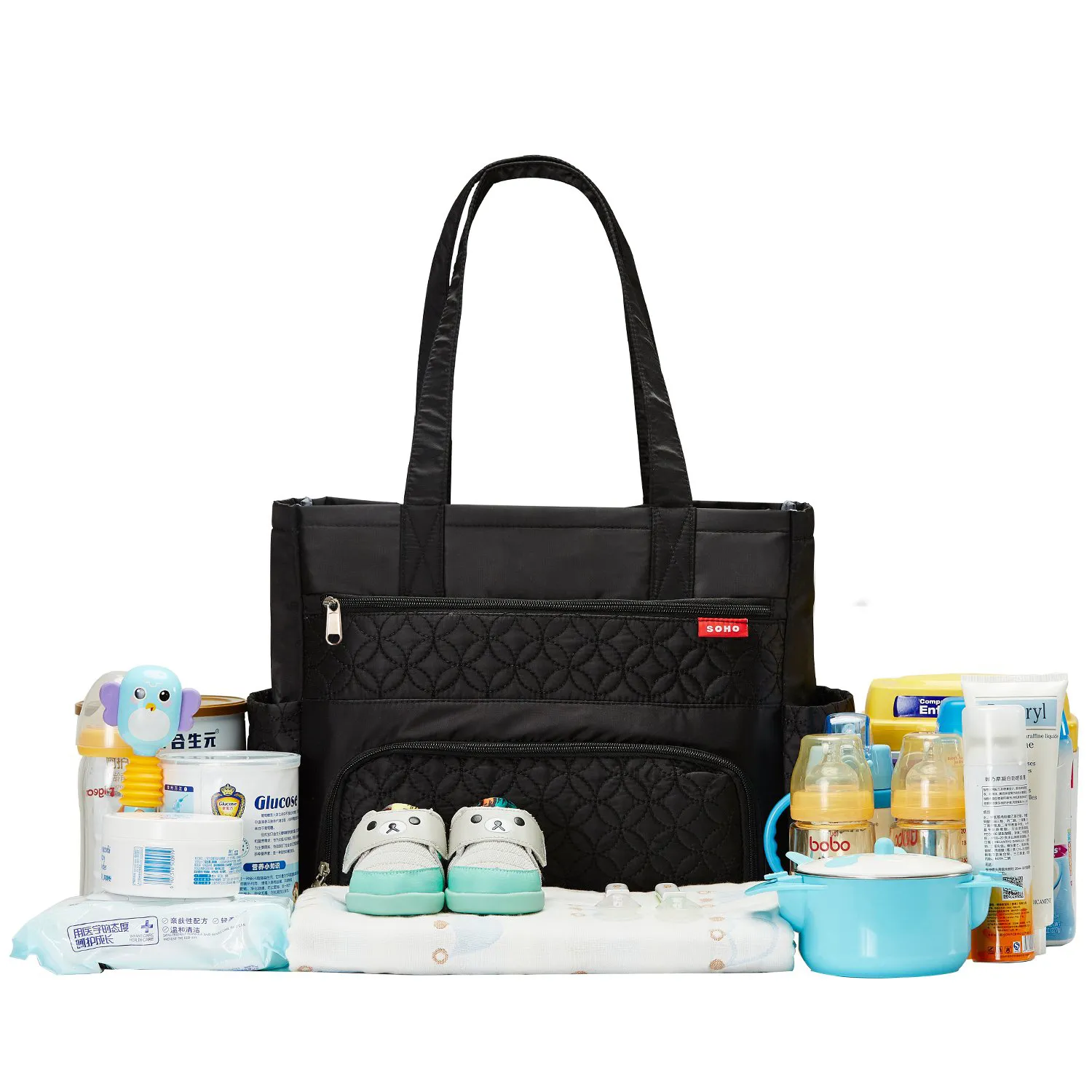 6-pack Diaper Tote Bag Set Multifunction Large Capacity Embroidered Mom Bag with Stroller Straps Buckle  image 4
