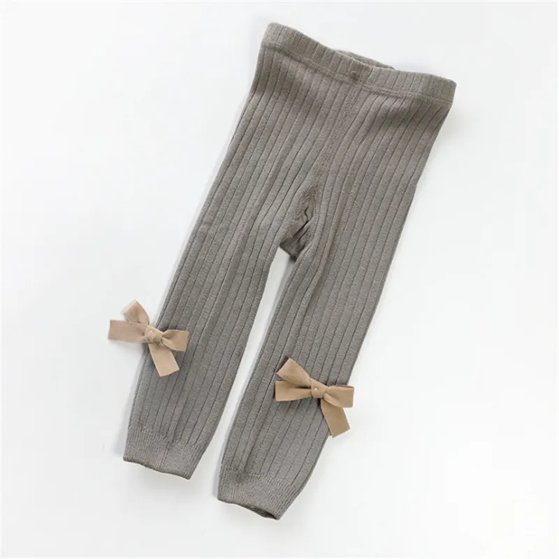 Baby / Toddler Girl Solid Knitted Bowknot Casual Leggings Grey