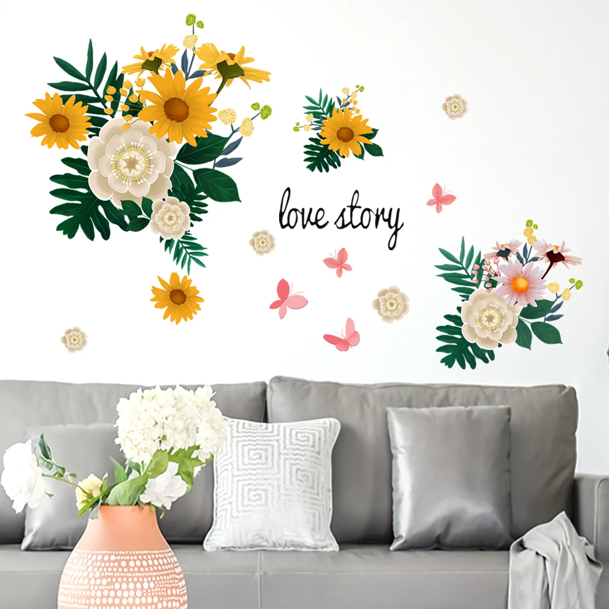 adesivos de parede de borboletas de flores adesivos de parede removíveis decoração de arte de parede para sala de estar decoração de fundo do quarto Multicolorido big image 1