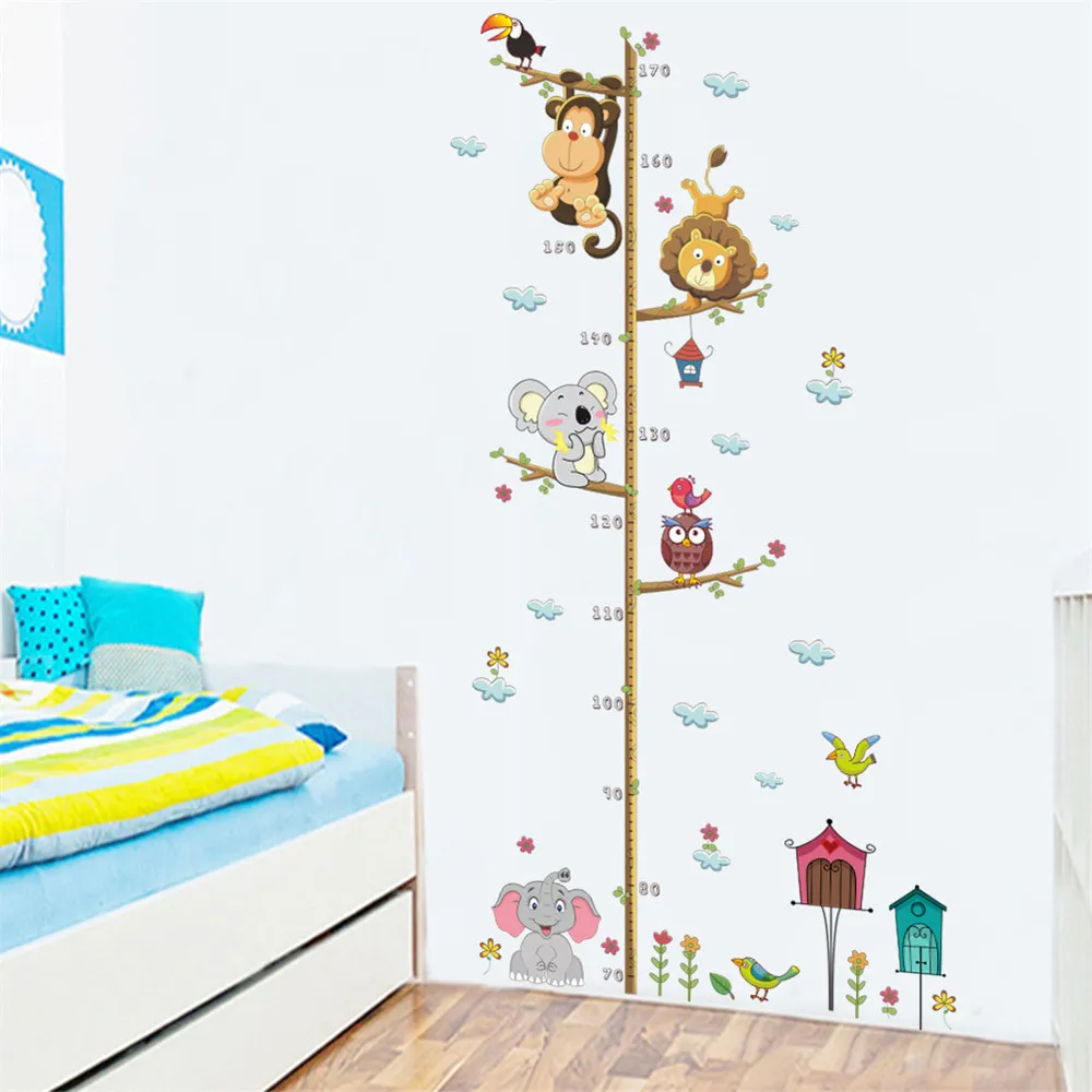Cartoon Animals Lion Monkey Owl Elephant Height Measure Wall Sticker for Kids Rooms Growth Wall Art  big image 1