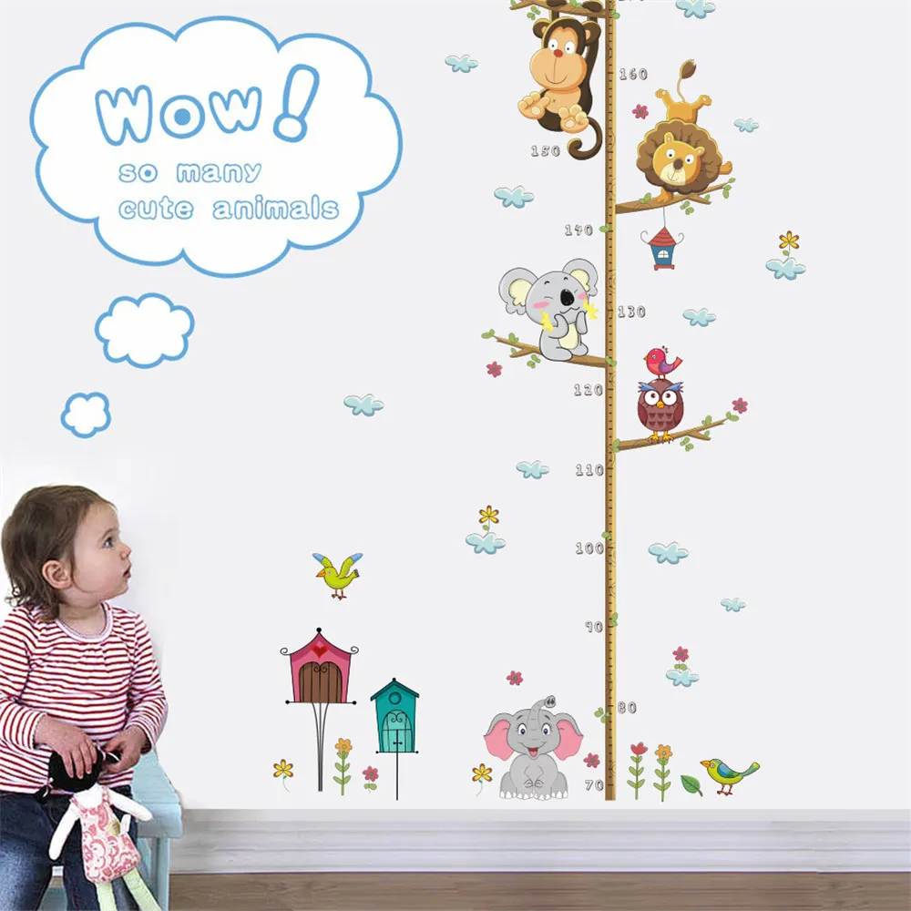 卡通動物獅子猴貓頭鷹大象身高測量牆貼為兒童房間增長牆藝術 彩色 big image 1
