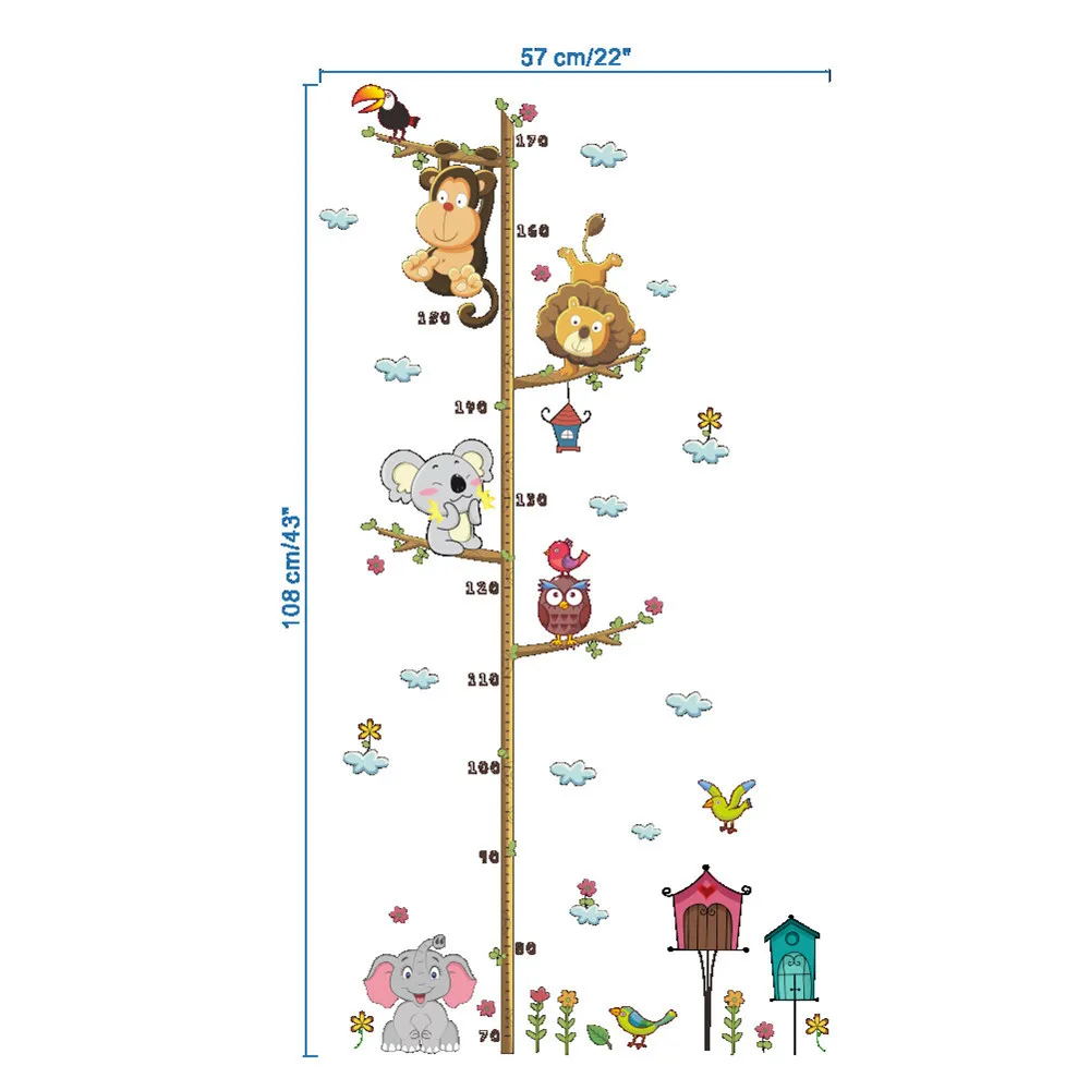 Cartoon Animaux Lion Singe Hibou Éléphant Hauteur Mesure Autocollant mural pour enfants Chambres Croissance Art mural Multicolore big image 1