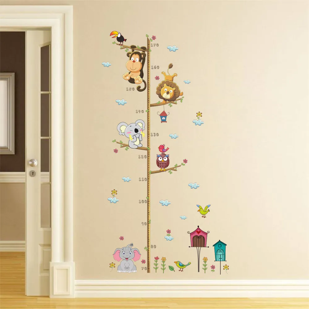 卡通動物獅子猴貓頭鷹大象身高測量牆貼為兒童房間增長牆藝術 彩色 big image 1