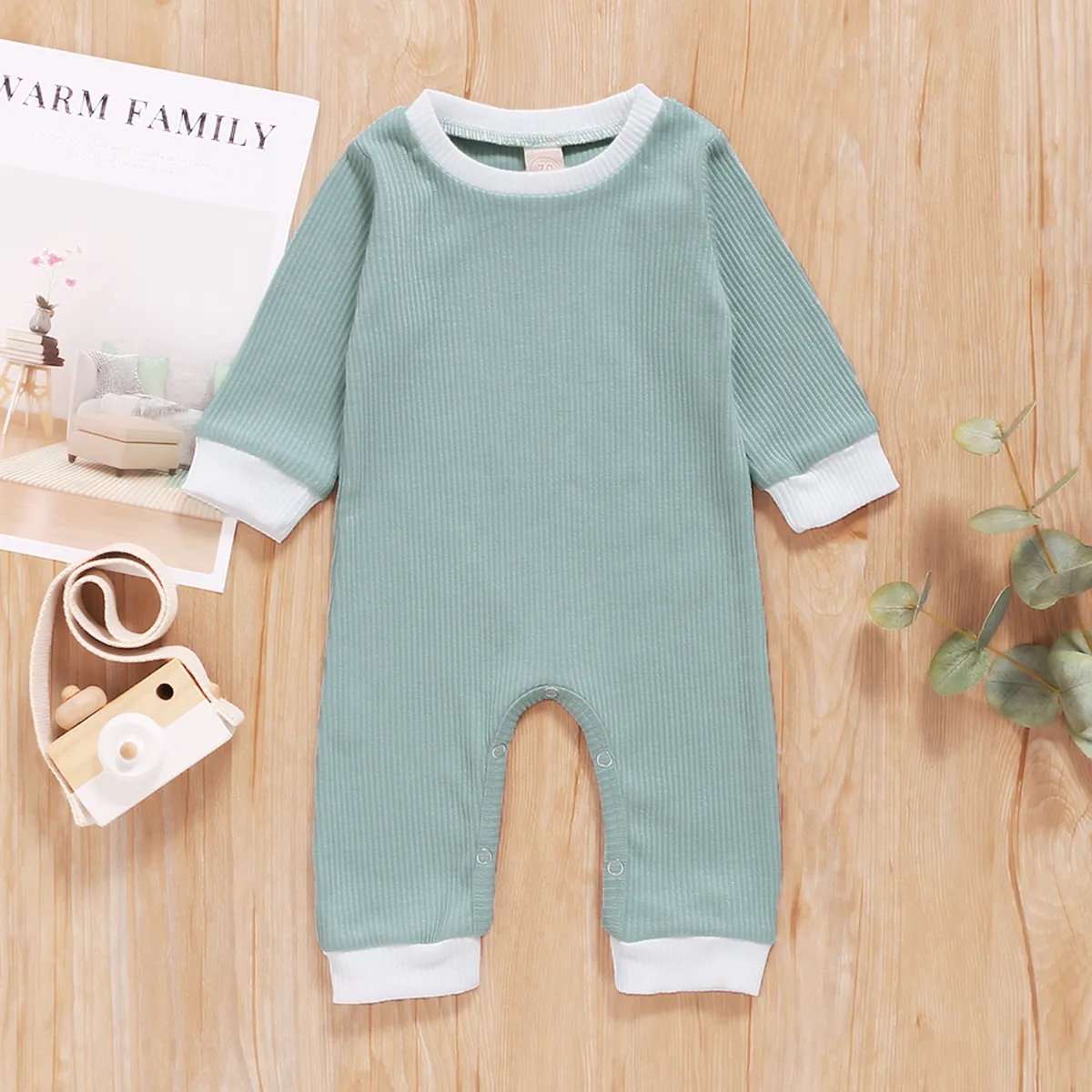 Ribbed Solid Long-sleeve Baby Jumpsuit Light Green big image 1