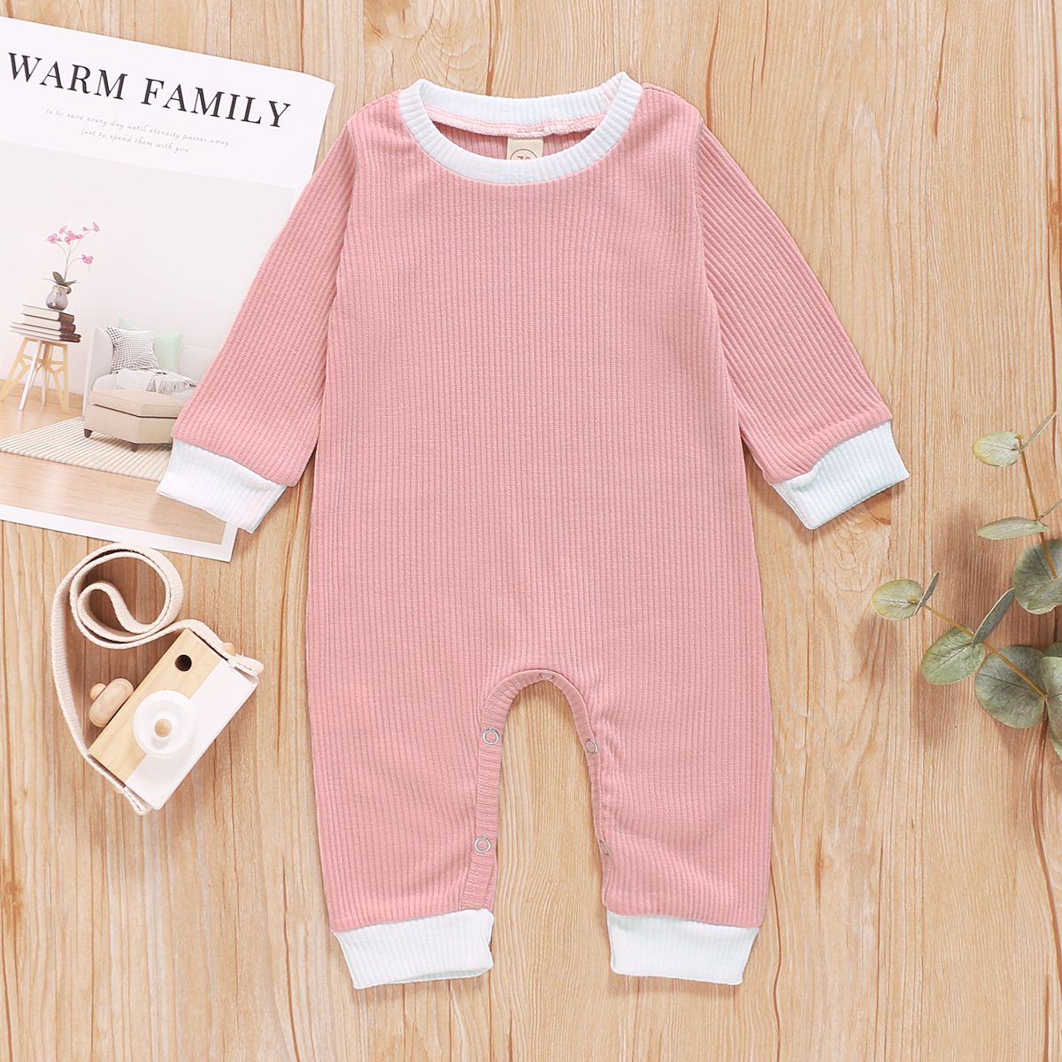 Ribbed Solid Long-sleeve Baby Jumpsuit