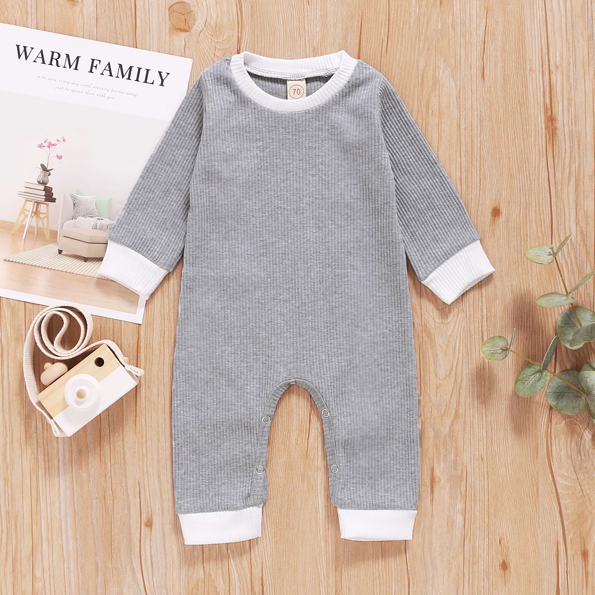 Ribbed Solid Long-sleeve Baby Jumpsuit Light Grey big image 1