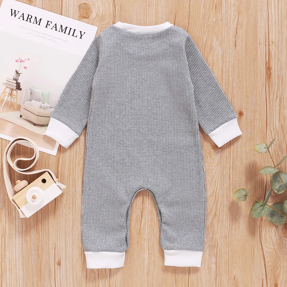 Ribbed Solid Long-sleeve Baby Jumpsuit Light Grey big image 1