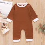 Ribbed Solid Long-sleeve Baby Jumpsuit Coffee