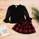 2-piece Toddler Girl Polka dots Mesh Puff-sleeve Blouse and Button Design Plaid Skirt with Belt Set Black