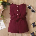 Baby Girl 95% Cotton Crepe Sleeveless Button Up Belted Romper Burgundy