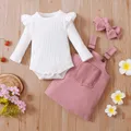 3pcs Baby Girl 95% Cotton Ribbed Long-sleeve Romper and Solid Suspender Dress with Headband Set  image 3