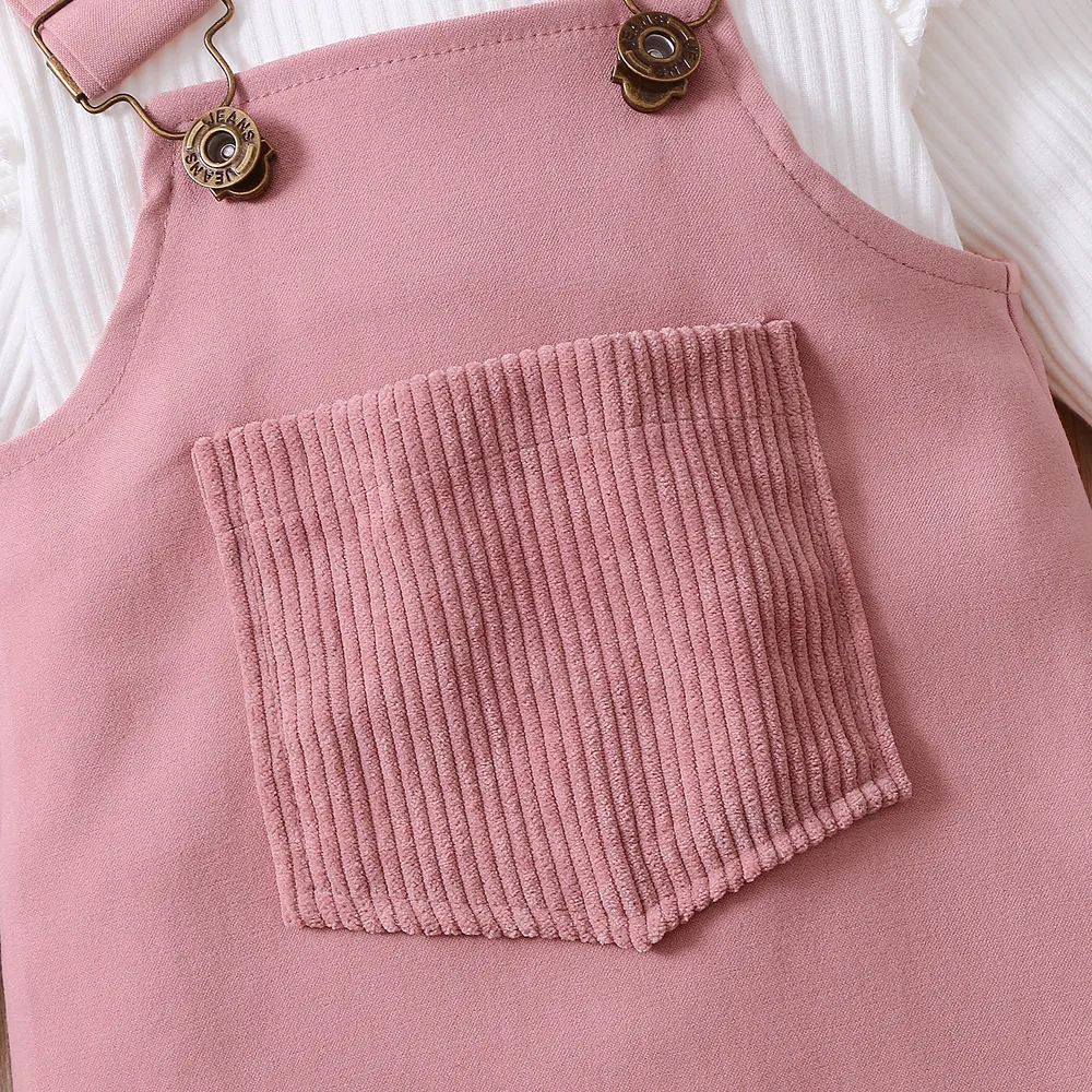 3pcs Baby Girl 95% Cotton Ribbed Long-sleeve Romper and Solid Suspender Dress with Headband Set  big image 7