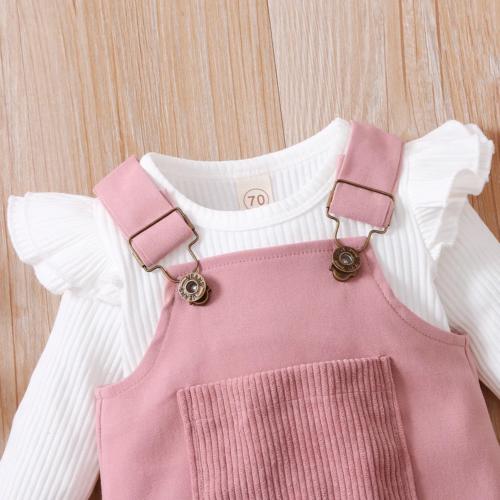 3pcs Baby Girl 95% Cotton Ribbed Long-sleeve Romper and Solid Suspender Dress with Headband Set  big image 6