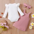 3pcs Baby Girl 95% Cotton Ribbed Long-sleeve Romper and Solid Suspender Dress with Headband Set  image 4